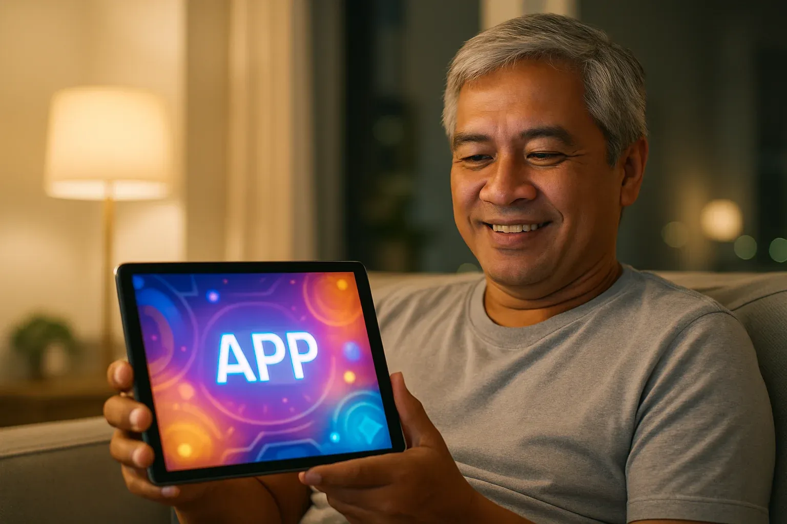 Older Filipino man holding tablet showing colorful gaming app interface