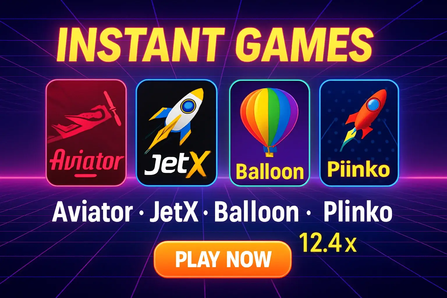 Vibrant instant casino games banner with Aviator, JetX, Balloon, Plinko icons