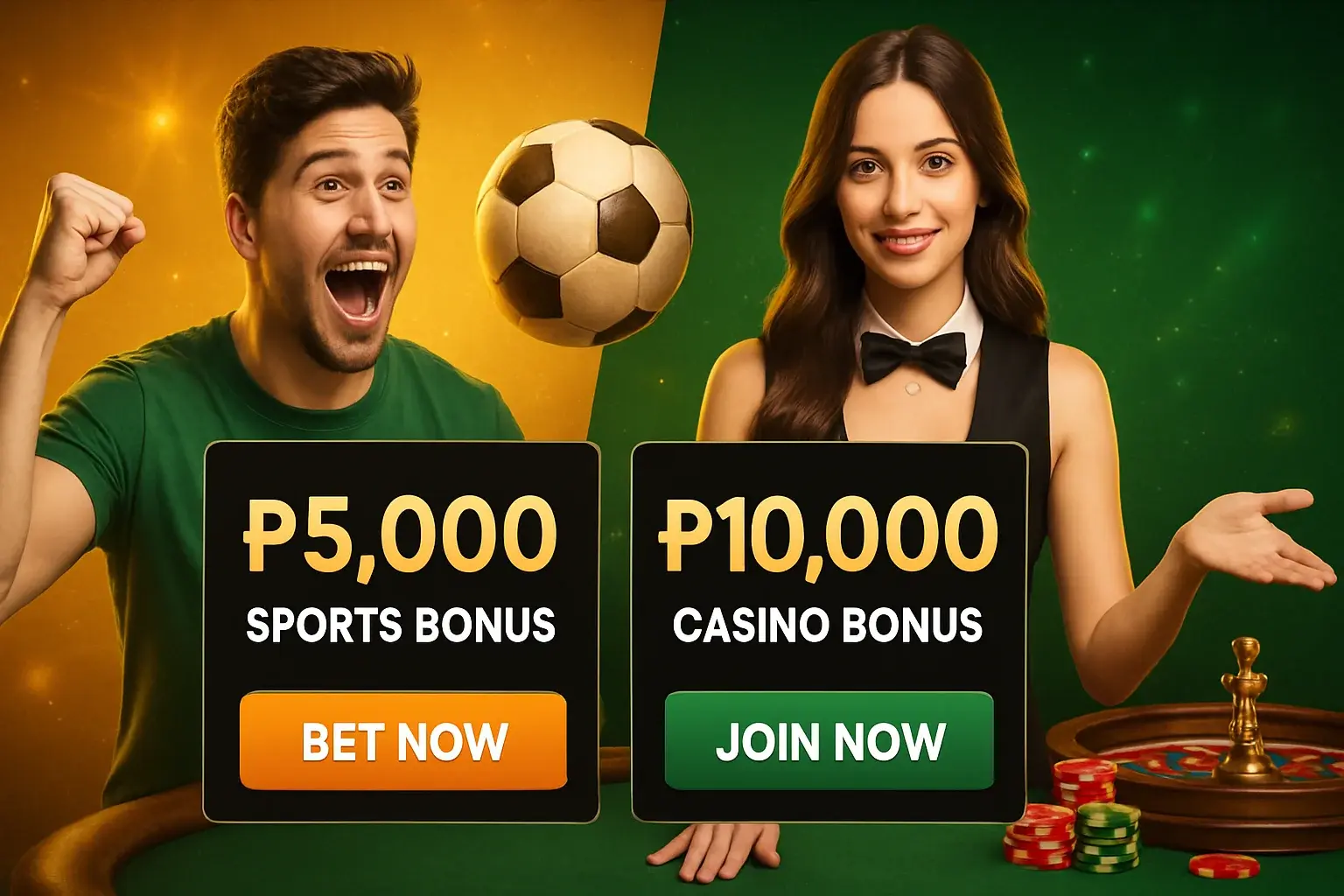 Casino and sports promo banner with fan, dealer, PHP offers, CTAs