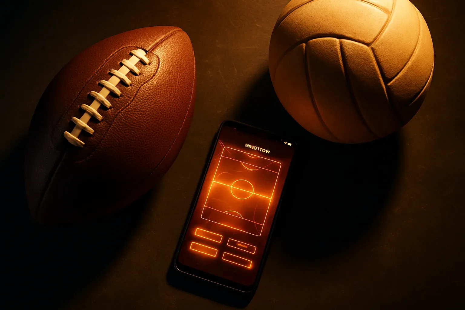 Football and volleyball beside smartphone showing glowing betting interface flat lay