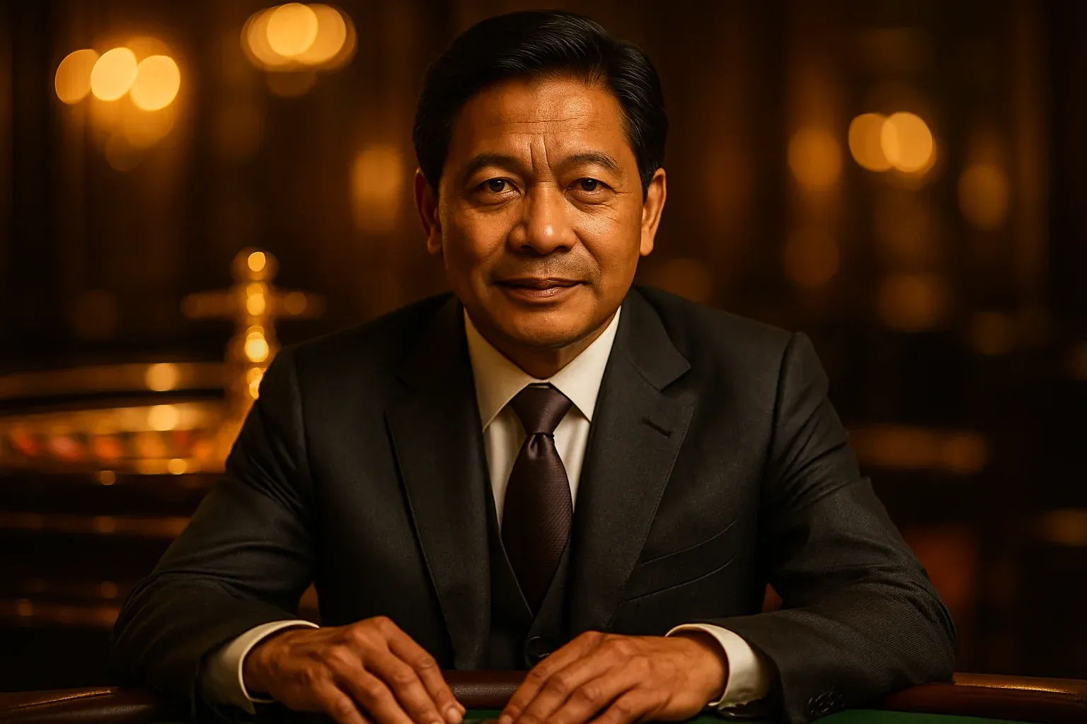 Distinguished Filipino man in dark suit at luxurious live casino table