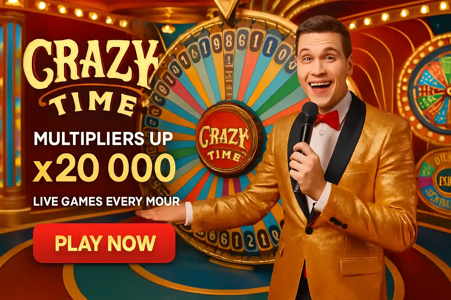 Colorful live casino Crazy Time banner with host, wheel, and CTA