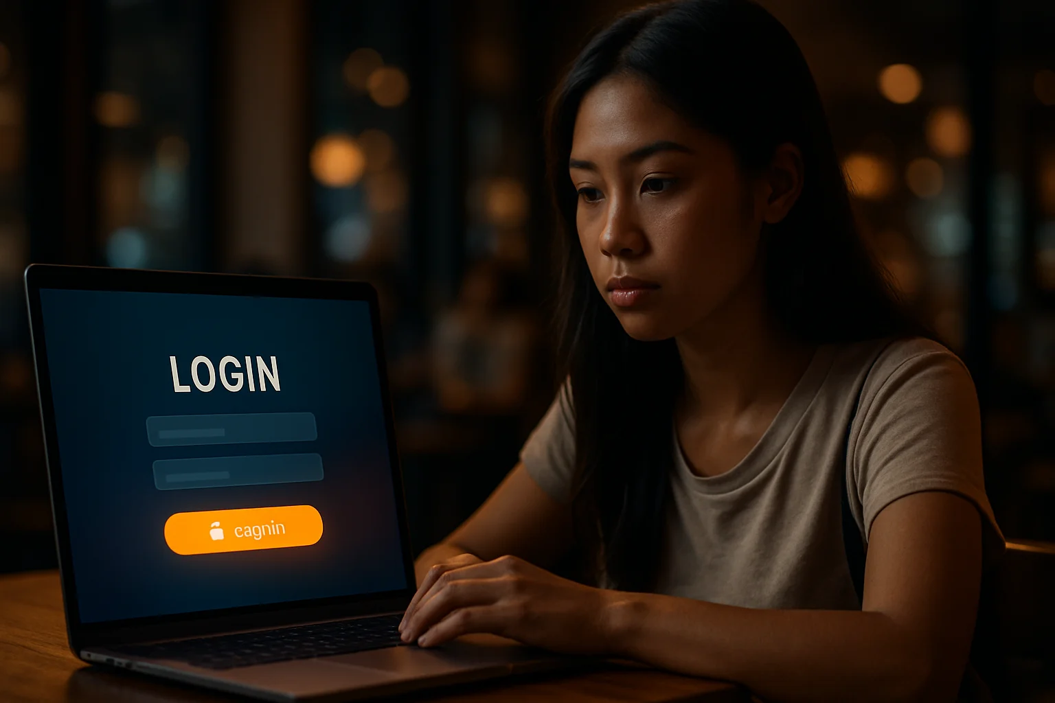 Young Filipino student in cafe with laptop showing LOGIN form