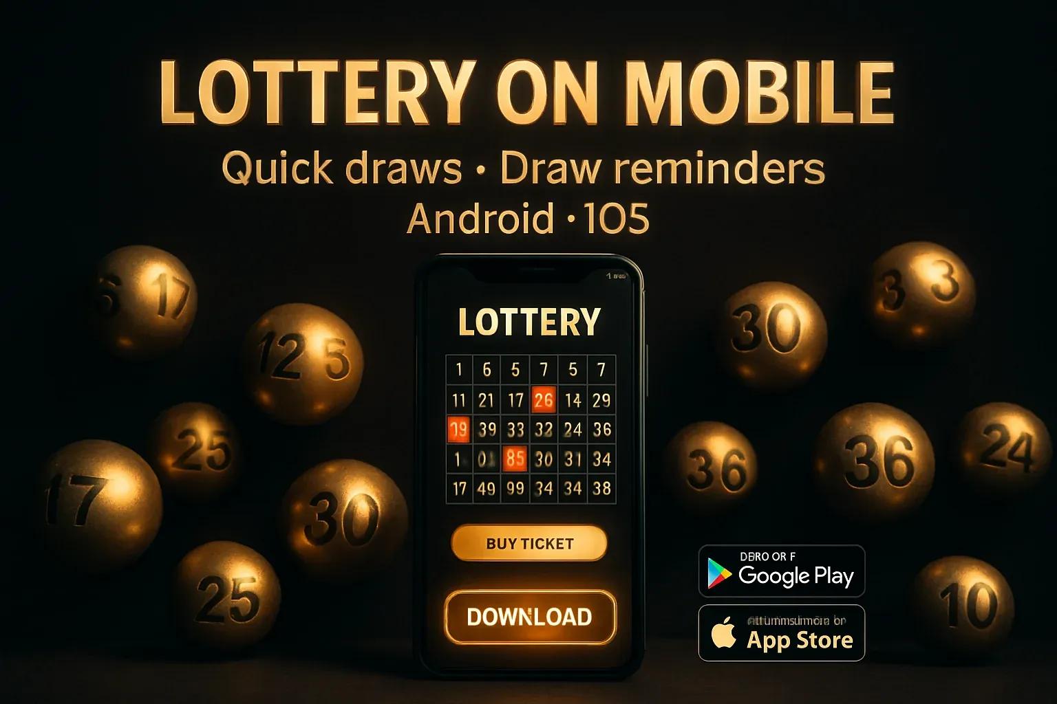 Lottery mobile game banner with smartphone mockup, number grid, golden balls