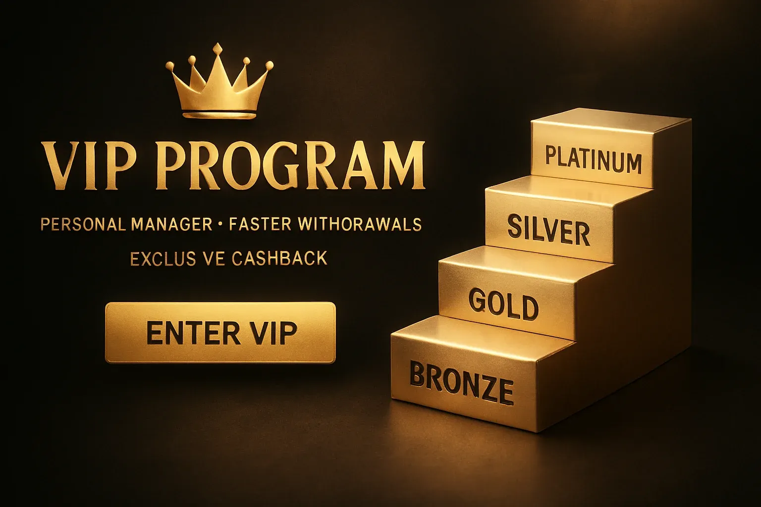 Casino VIP loyalty banner with crown, tiered levels, and gold CTA button