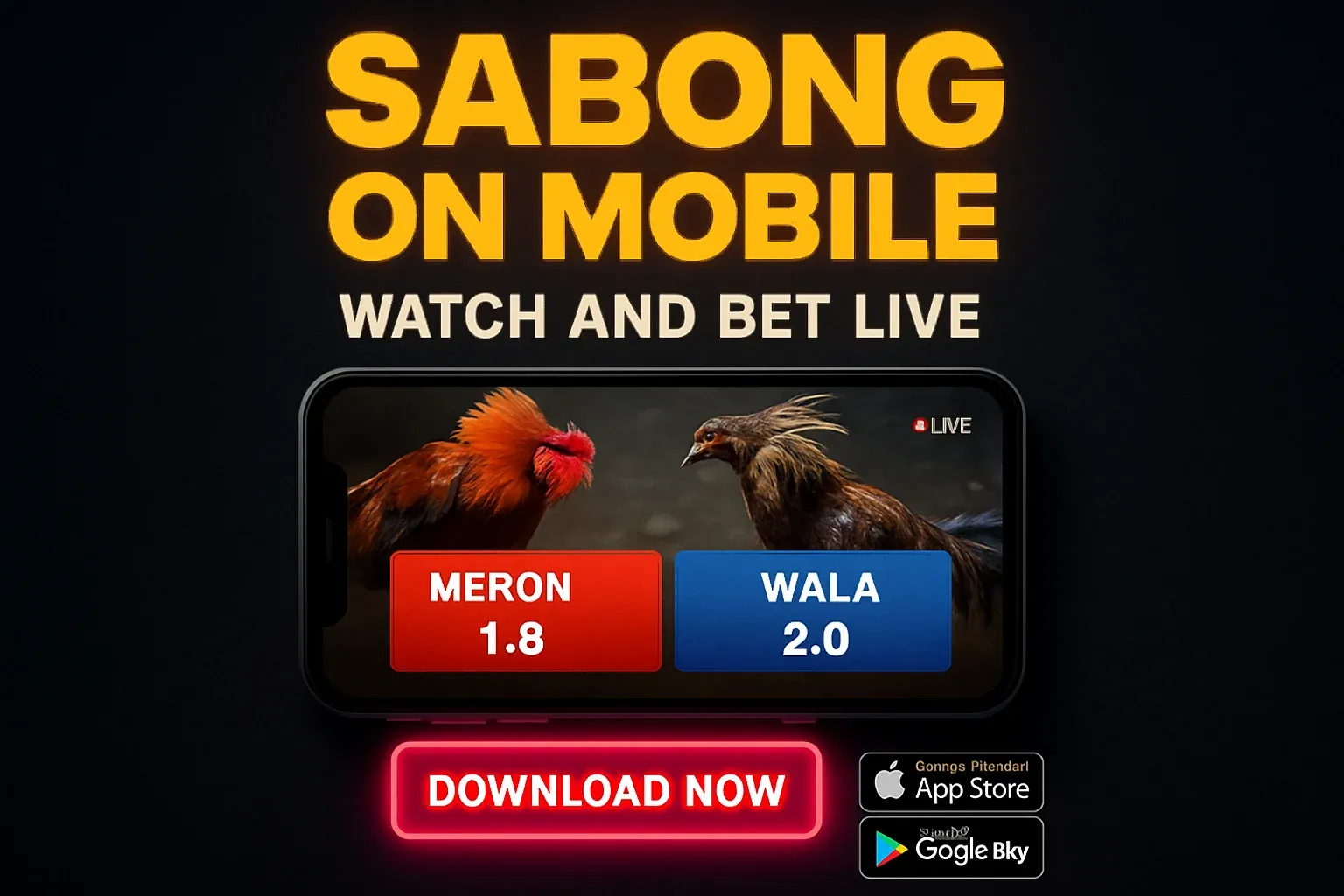 Sabong mobile banner with smartphone mockup and live betting interface