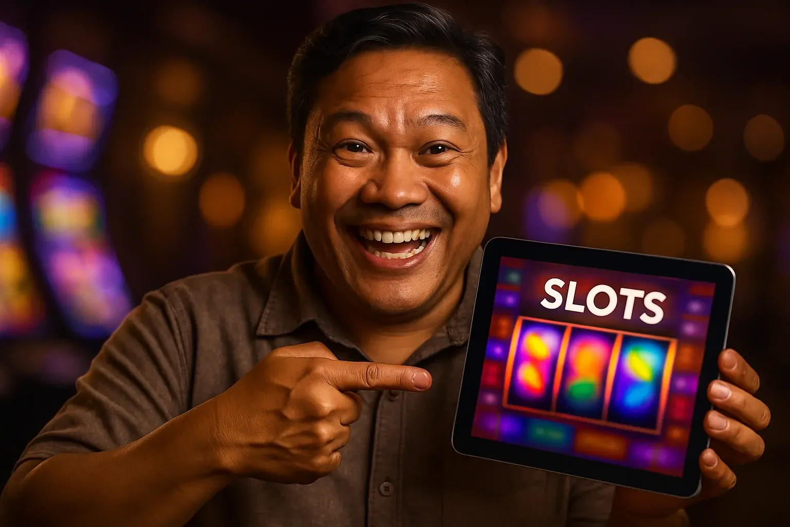 Enthusiastic Filipino man pointing at tablet showing slots game with three reels