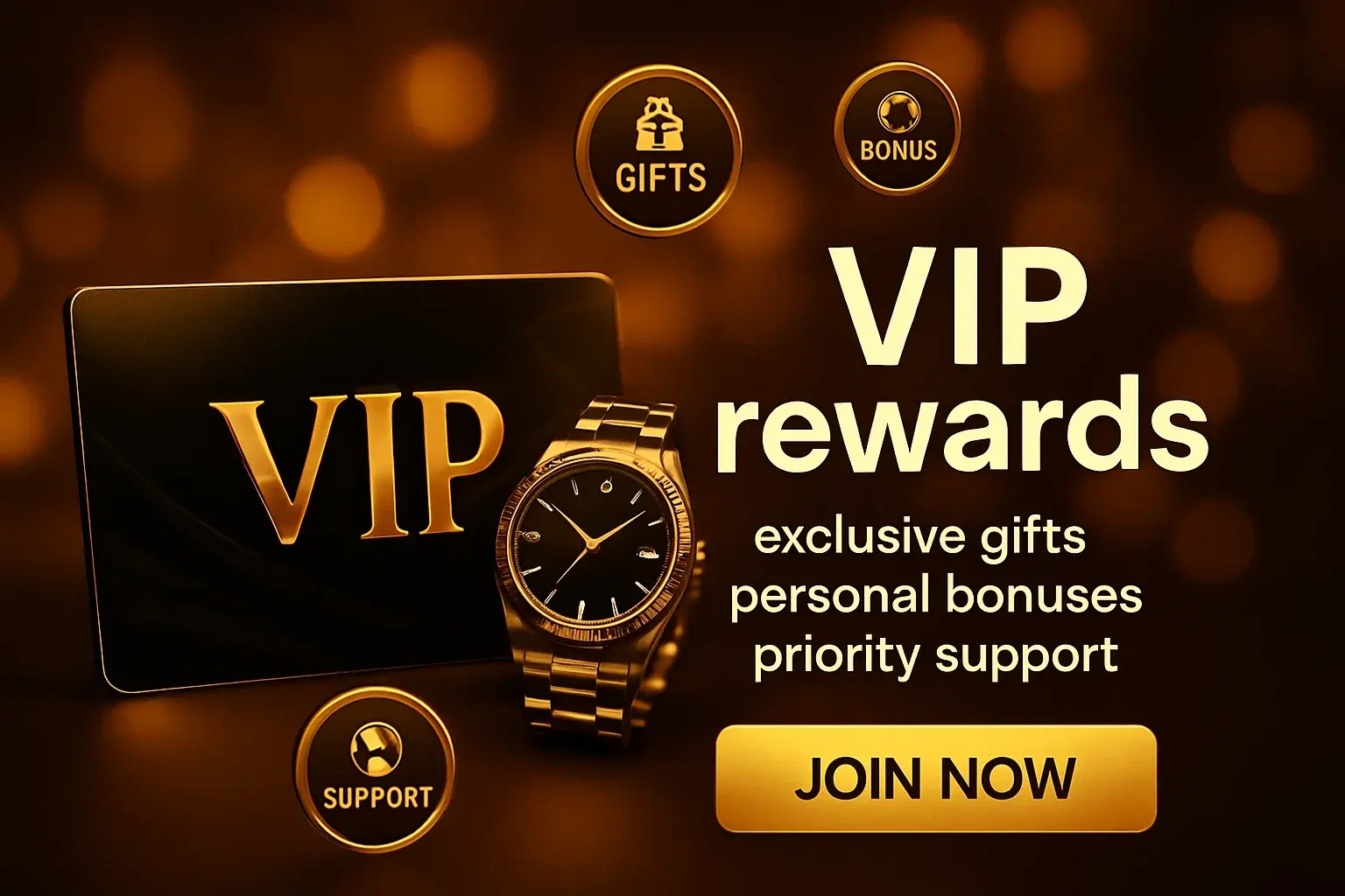 Casino VIP rewards banner with gold background, VIP card, luxury watch